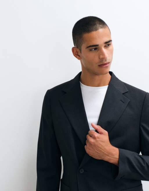ASOS DESIGN slim denim look double breasted suit jacket in black washable wool, 3 of 5