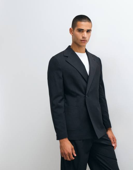 ASOS DESIGN slim denim look double breasted suit jacket in black washable wool, 4 of 5