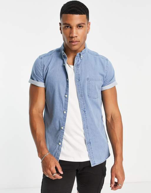 ASOS Design Skinny Denim Short Sleeve Shirt in Light Blue Wash