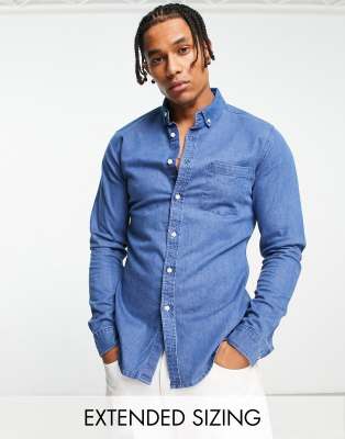 ASOS DESIGN slim denim shirt in mid wash-Blue