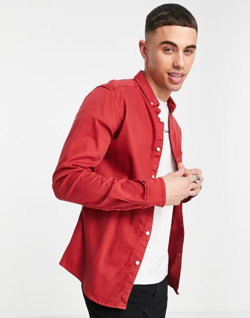 Red best sale denim shirts