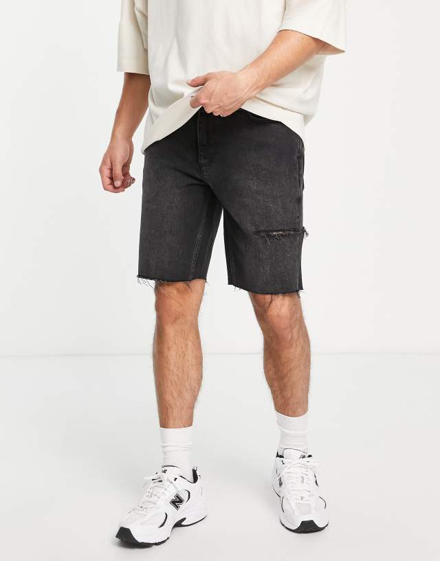 ASOS DESIGN slim denim short with thigh rip in washed black