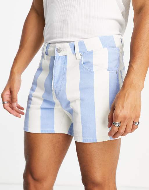 ASOS DESIGN slim denim shorts in blue and white stripe in shorter