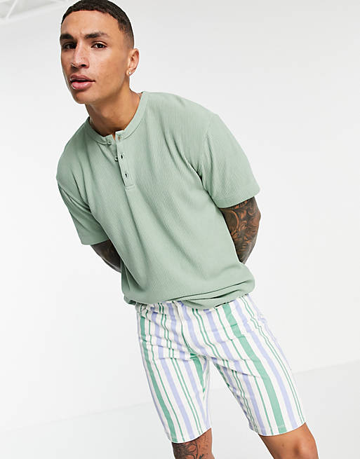 ASOS DESIGN slim denim shorts in green and blue stripe