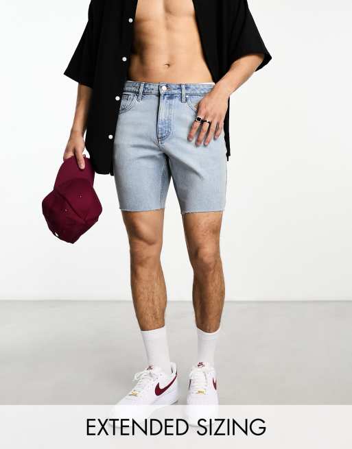 FhyzicsShops DESIGN slim denim shorts in light blue wash with raw hem