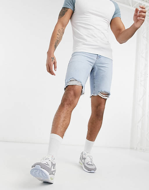 Shorts slim denim shorts in light wash blue with raw hem 