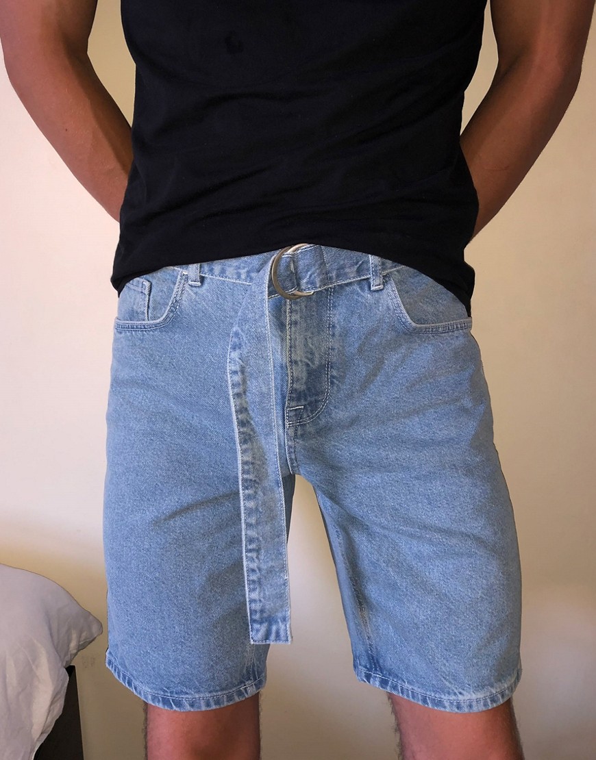 ASOS DESIGN slim denim shorts in light wash blue with self belt-Black
