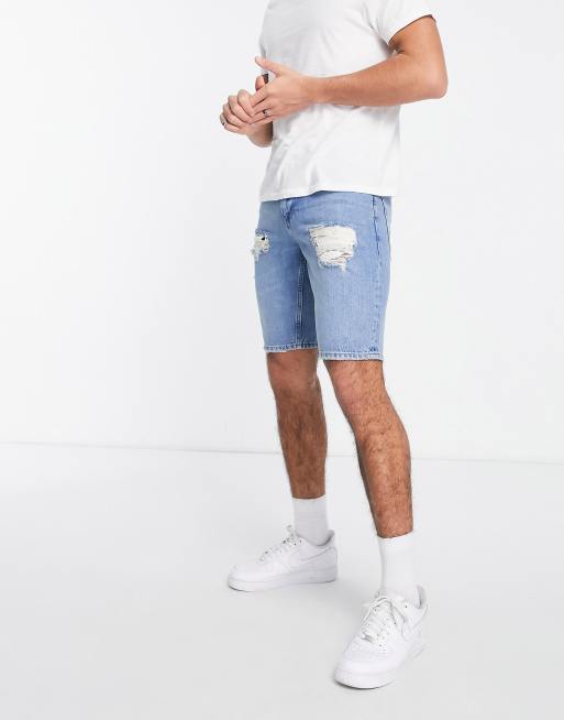 ASOS DESIGN slim denim shorts in mid wash blue tint with rips, 3 of 4