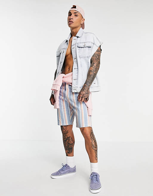 Men slim denim shorts in pink and blue stripe 