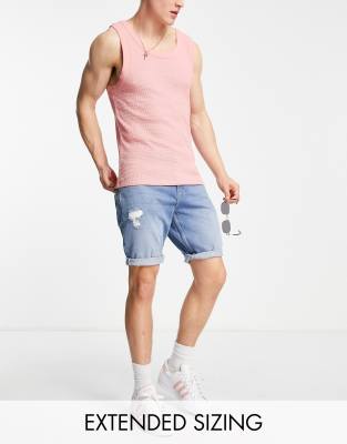 ASOS DESIGN slim denim shorts with abrasions in mid wash  - ASOS Price Checker