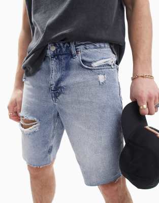 ASOS DESIGN slim denim shorts with raw hem and thigh rips in heavy tinted wash  - ASOS Price Checker