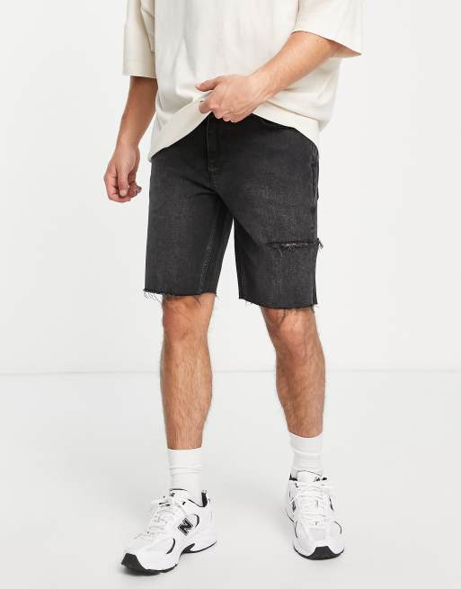 ASOS DESIGN slim denim shorts with thigh rip in washed black