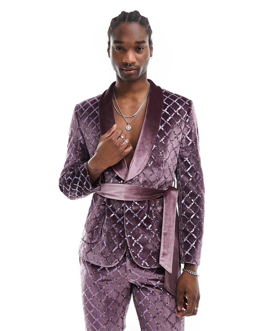 ASOS DESIGN slim diamond sequin suit jacket in lilac-Purple