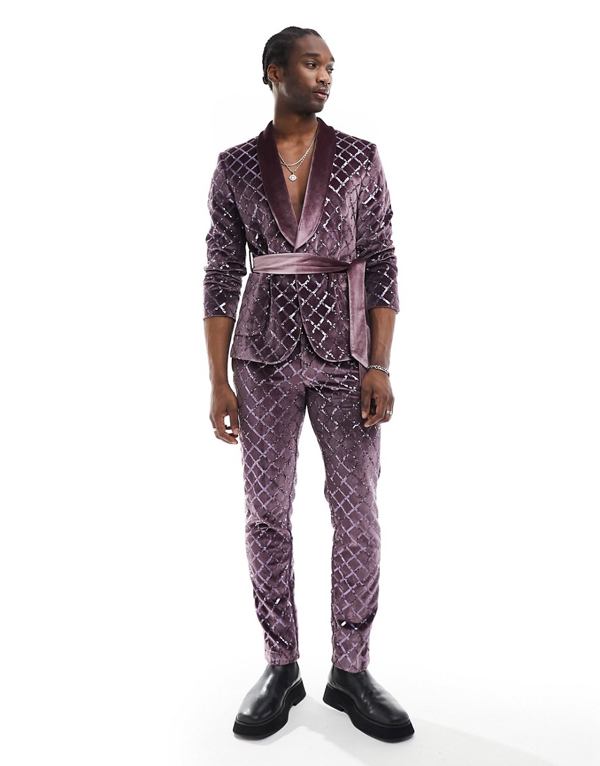 ASOS DESIGN slim diamond sequin suit trouser in lilac-Purple