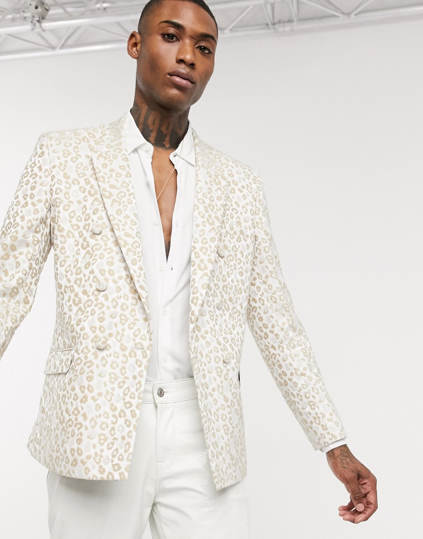 ASOS DESIGN slim double breasted blazer in leopard jacquard-Cream