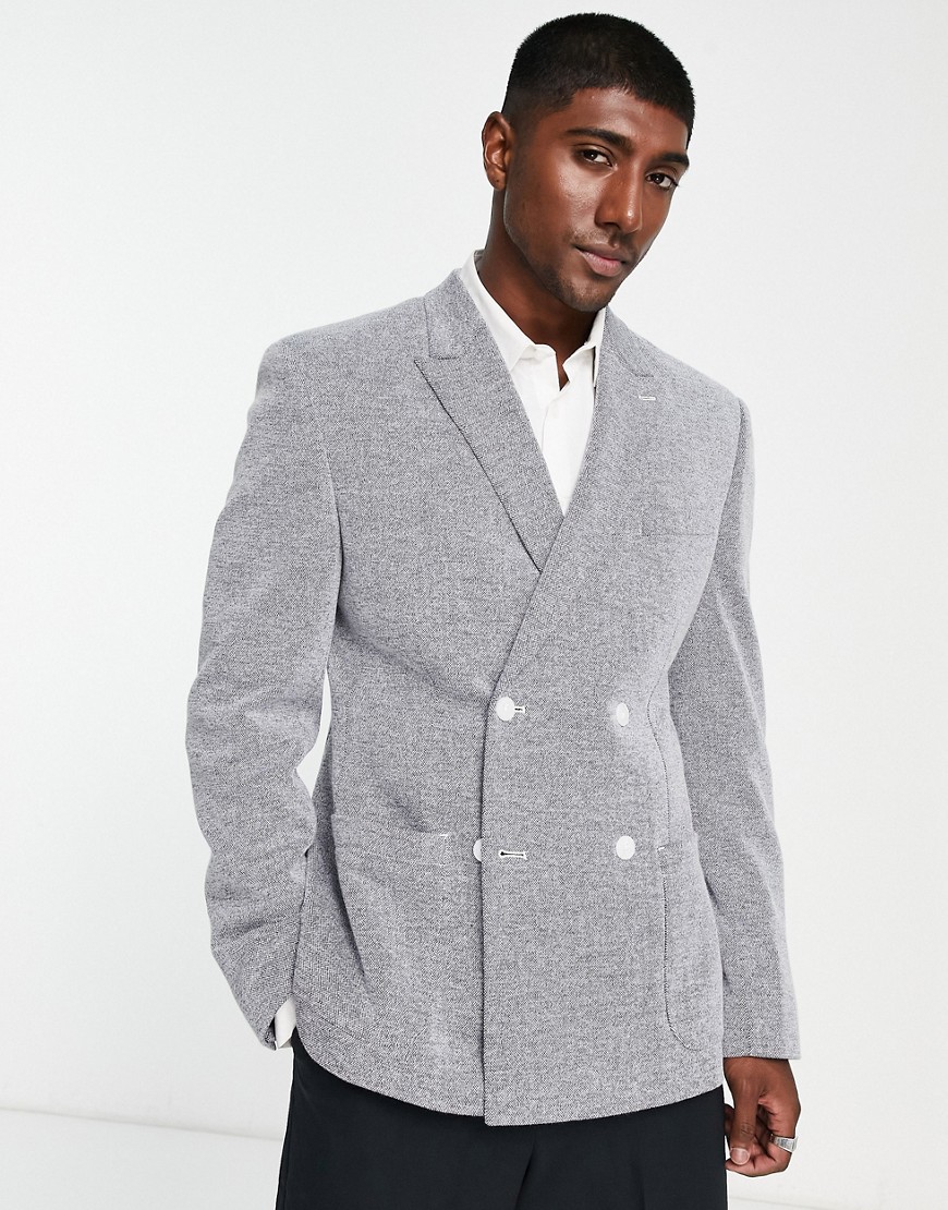 Shop Asos Design Slim Double Breasted Blazer In Navy And White Texture