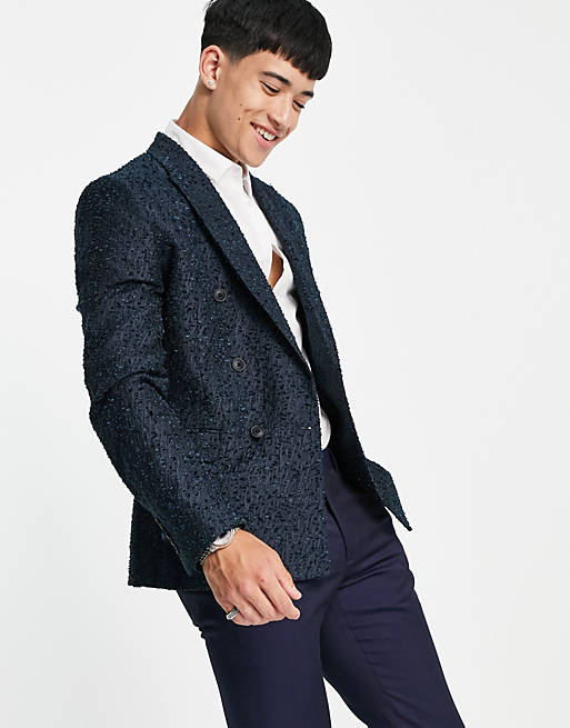 ASOS DESIGN slim double breasted blazer in navy boucle