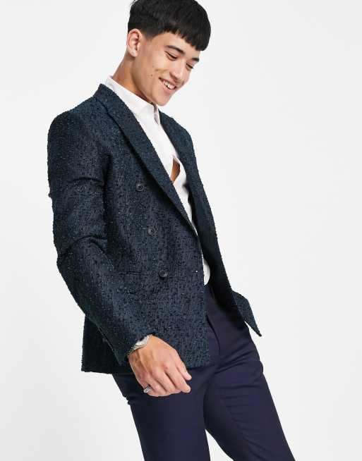 ASOS DESIGN slim double breasted blazer in navy boucle | ASOS