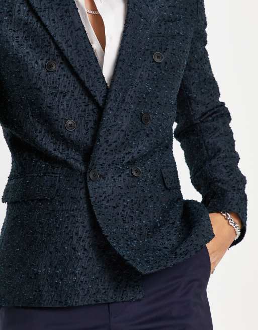 ASOS DESIGN slim double breasted blazer in navy boucle ASOS