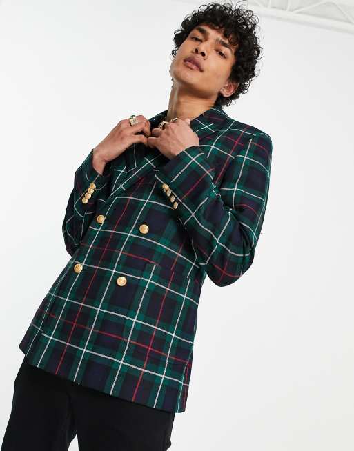 ASOS DESIGN slim double breasted blazer with tartan check gold