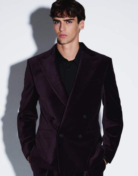 ASOS DESIGN slim double breasted colbert van donkerpaarse katoenfluweel - view 1
