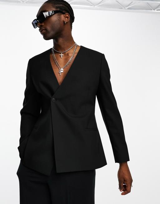 ASOS DESIGN slim double breasted collarless blazer in black ASOS