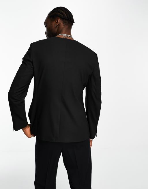 ASOS DESIGN slim double breasted collarless blazer in black