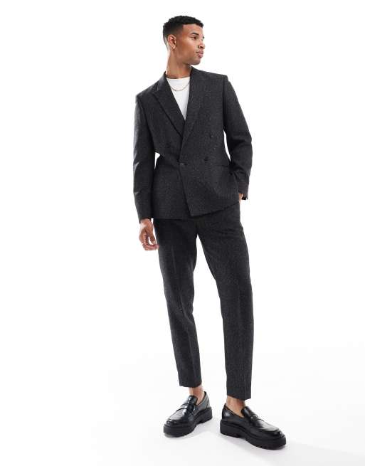 ASOS DESIGN slim double breasted herringbone suit in black | ASOS