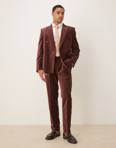 ASOS DESIGN slim double breasted jacket in dark brown cotton velvet - view 1