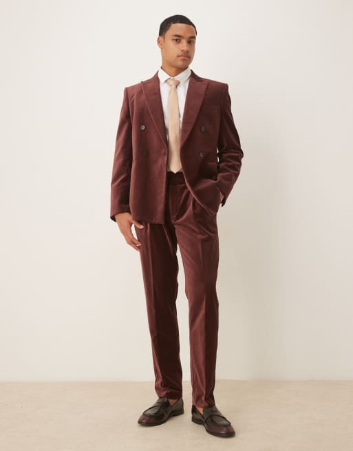 ASOS DESIGN slim double breasted jacket in dark brown cotton velvet