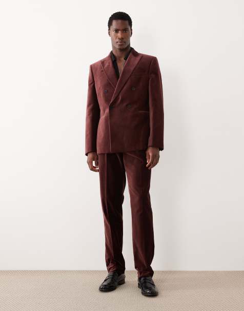 ASOS DESIGN slim double breasted jacket set in dark brown cotton velvet - view 1