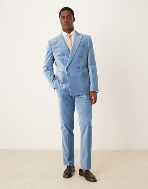 ASOS DESIGN slim double breasted suit in light blue cotton velvet - view 1
