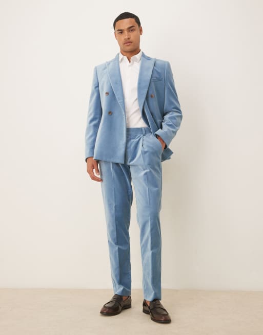 ASOS DESIGN slim double breasted suit in light blue cotton velvet