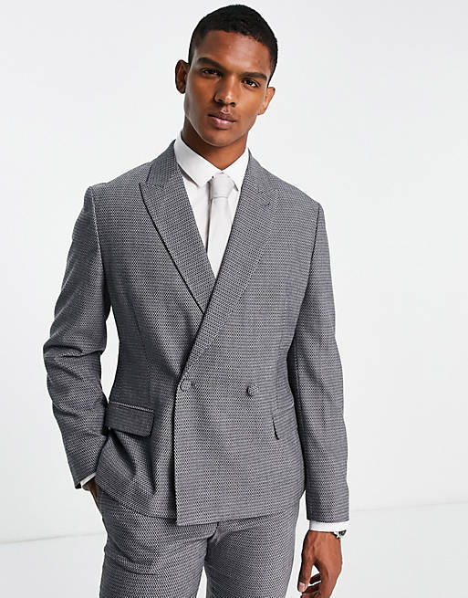 ASOS DESIGN slim double breasted suit jacket in black with silver texture