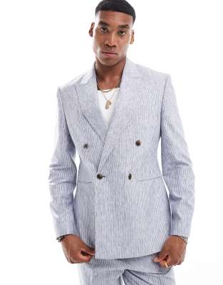 Asos Design Slim Double Breasted Suit Jacket In Blue Linen Stripe