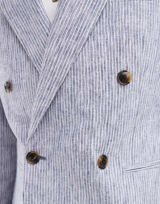 ASOS DESIGN slim double breasted suit jacket in blue linen stripe, 4 of 5