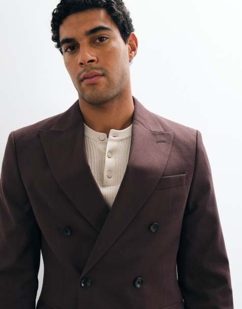 ASOS DESIGN slim double breasted suit jacket in brown flannel - view 1
