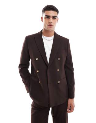 Asos Design Slim Double Breasted Suit Jacket In Brown