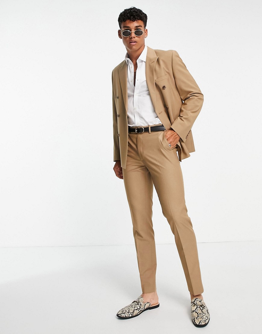 ASOS DESIGN slim double breasted suit jacket in camel-Neutral