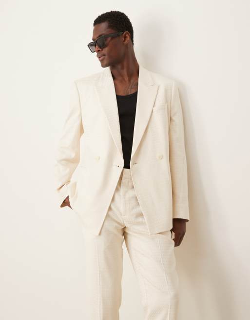 ASOS Design Slim Double Breasted Suit Jacket in Cream Geo jacquard White