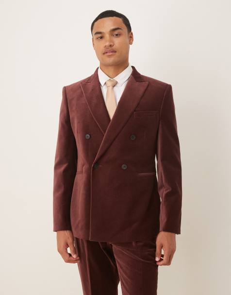 ASOS DESIGN slim double breasted suit jacket in dark brown cotton velvet - view 1