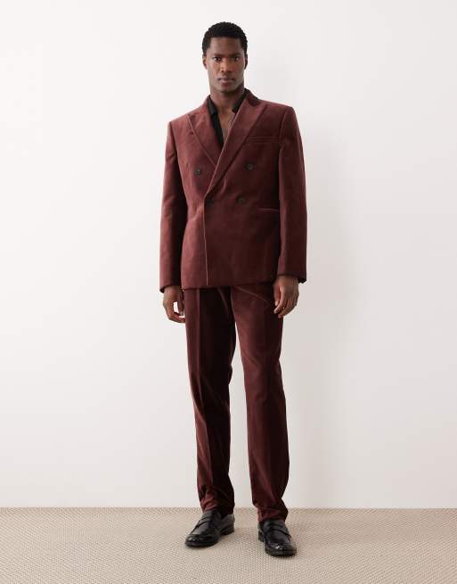 ASOS DESIGN slim double breasted suit jacket in dark brown cotton velvet, 2 of 5