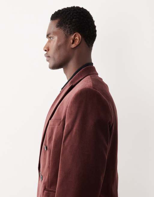 ASOS DESIGN slim double breasted suit jacket in dark brown cotton velvet, 4 of 5