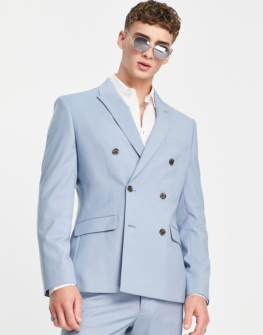 ASOS DESIGN slim double breasted suit jacket in dusky blue-Green