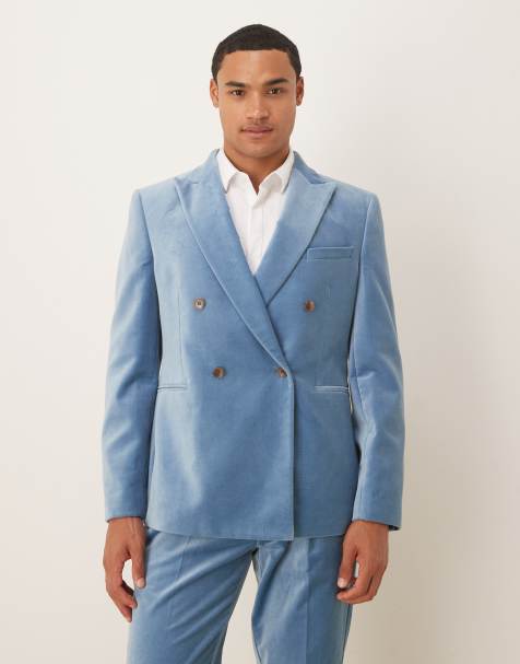 ASOS DESIGN slim double breasted suit jacket in light blue cotton velvet - view 1