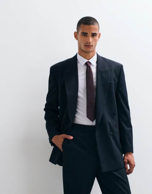ASOS DESIGN slim double breasted suit jacket in navy pinstripe, 2 of 5