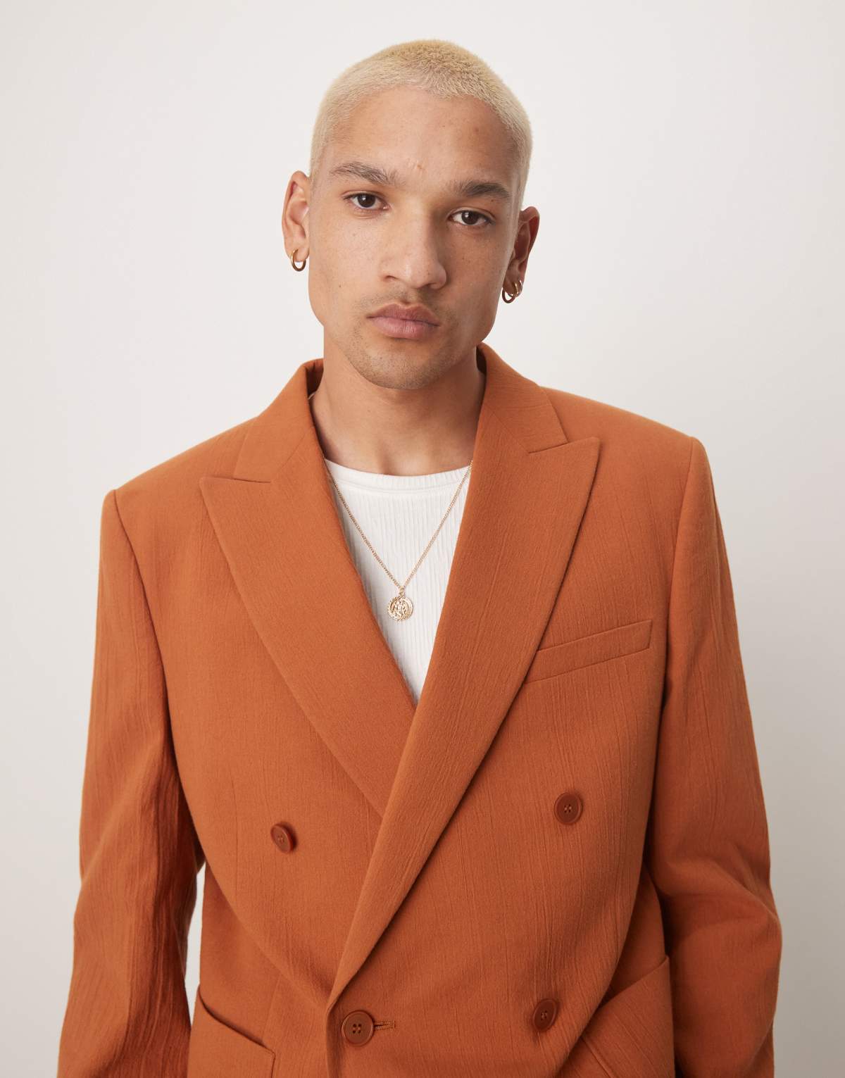 ASOS DESIGN slim double breasted suit jacket in rust crinkle texture