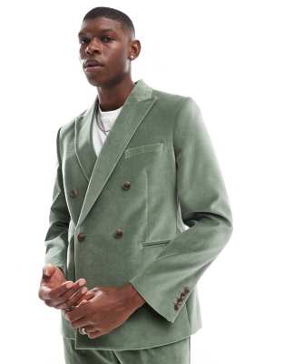 ASOS DESIGN slim double breasted suit jacket in sage green cotton velvet