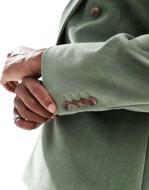 ASOS DESIGN slim double breasted suit jacket in sage green cotton velvet, 2 of 5