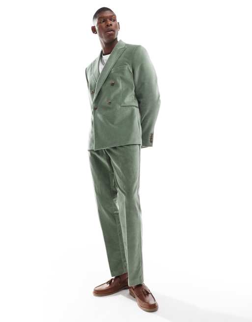 ASOS DESIGN slim double breasted suit jacket in sage green cotton velvet, 3 of 5
